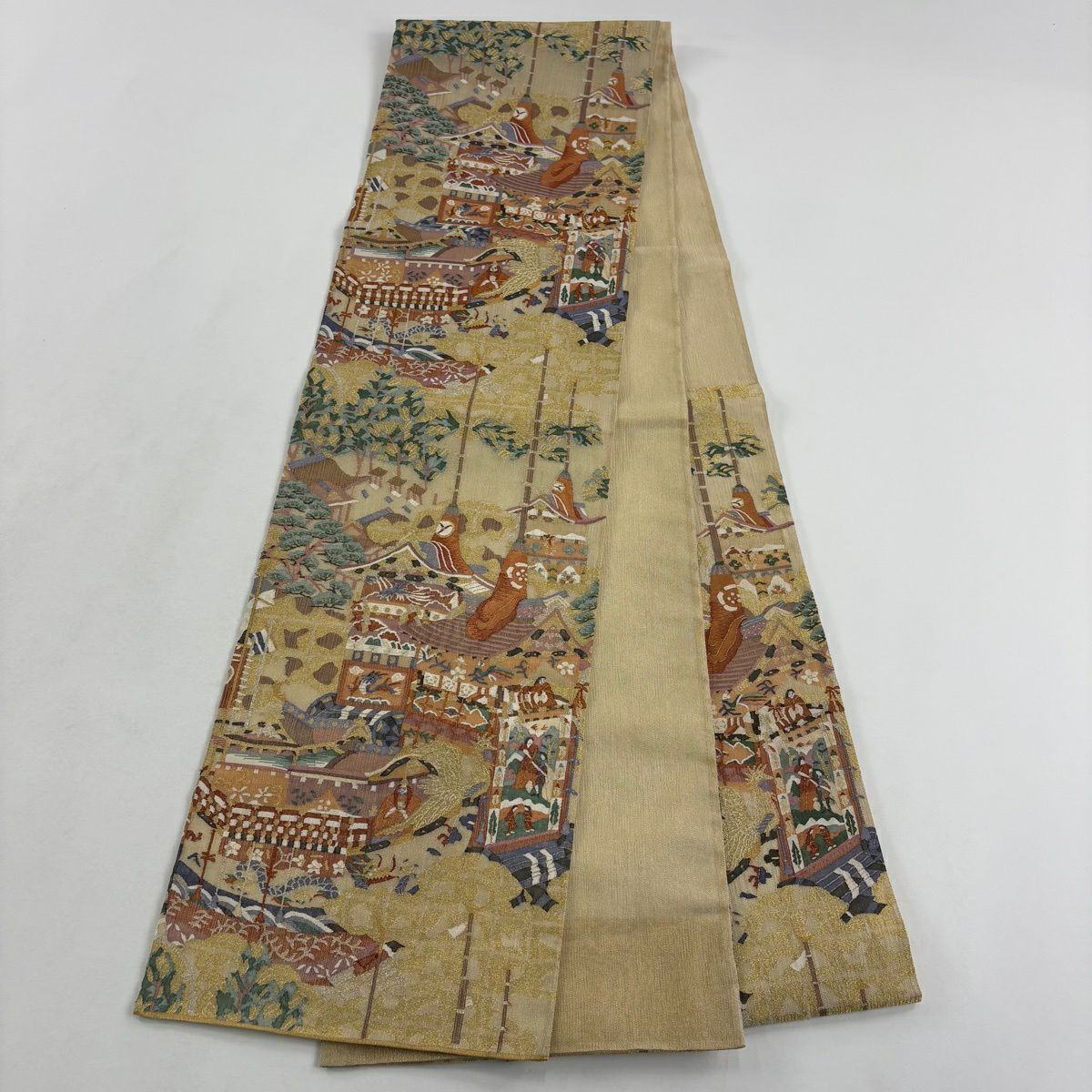 【美品】 袋帶 逸品級 明綴風景 山車 金銀絲 金色 六通 純蠶絲