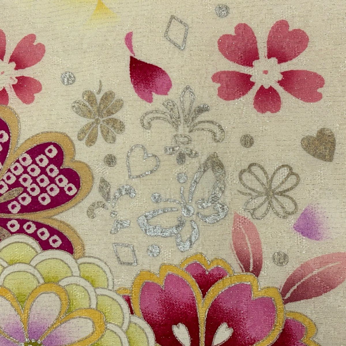 振袖禮服 身長165cm 袖長66.5cm M 雙層 牡丹 櫻花 刺繡 金銀彩 奶油色 純蠶絲 名品級
