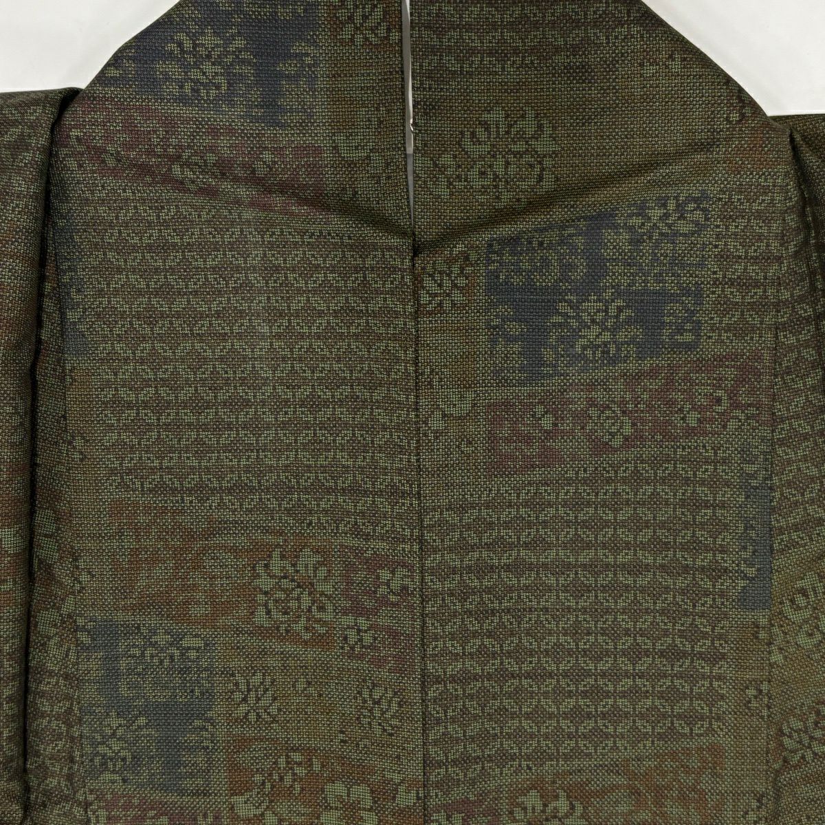 【美品】 紬織 身長159cm 袖長65cm M 雙層 草花紋紋 七寶紋 茶綠 純蠶絲 名品級