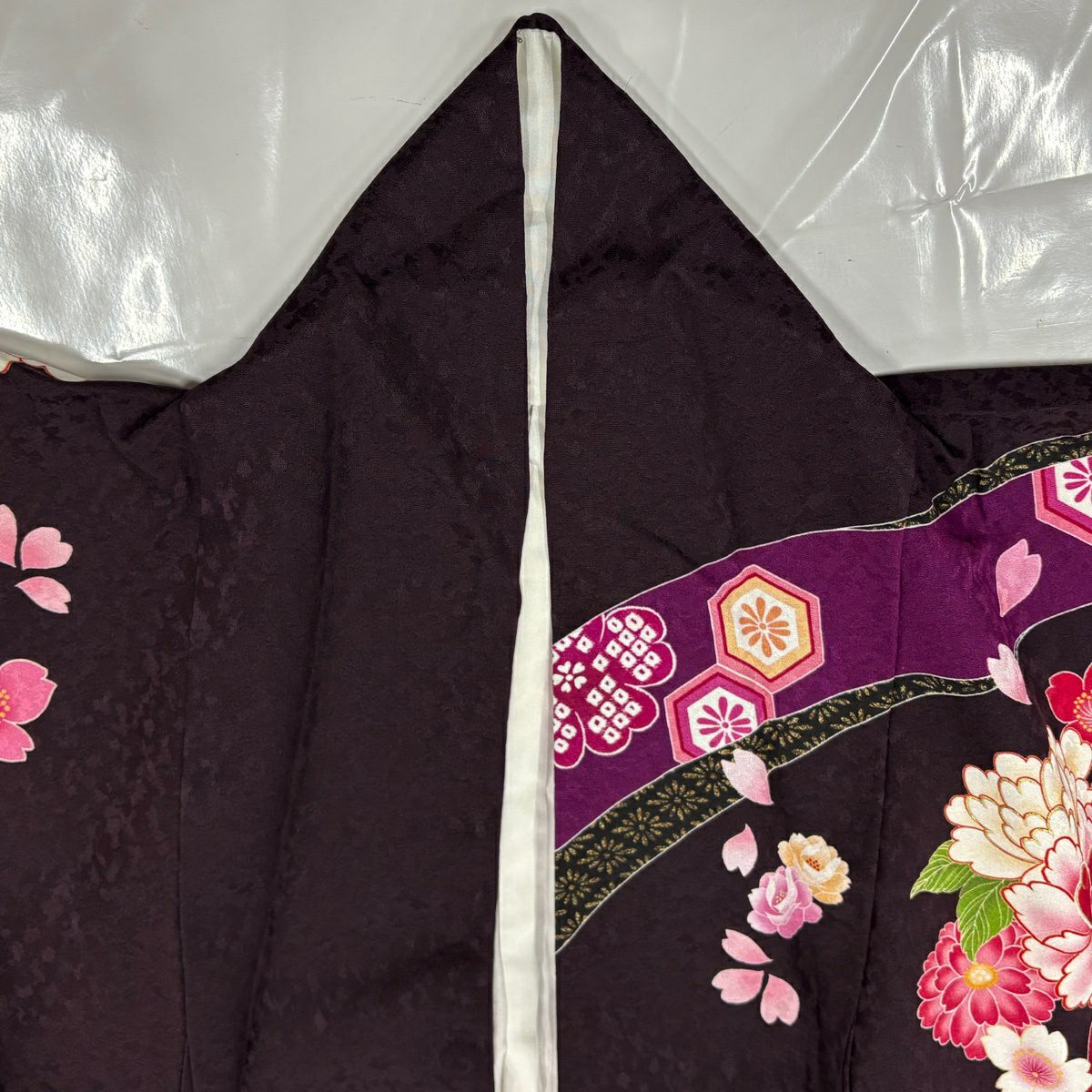 【美品】振袖禮服 身長162cm 袖長67cm M 雙層 牡丹 手鞠 金銀彩 深紫 純蠶絲 名品級