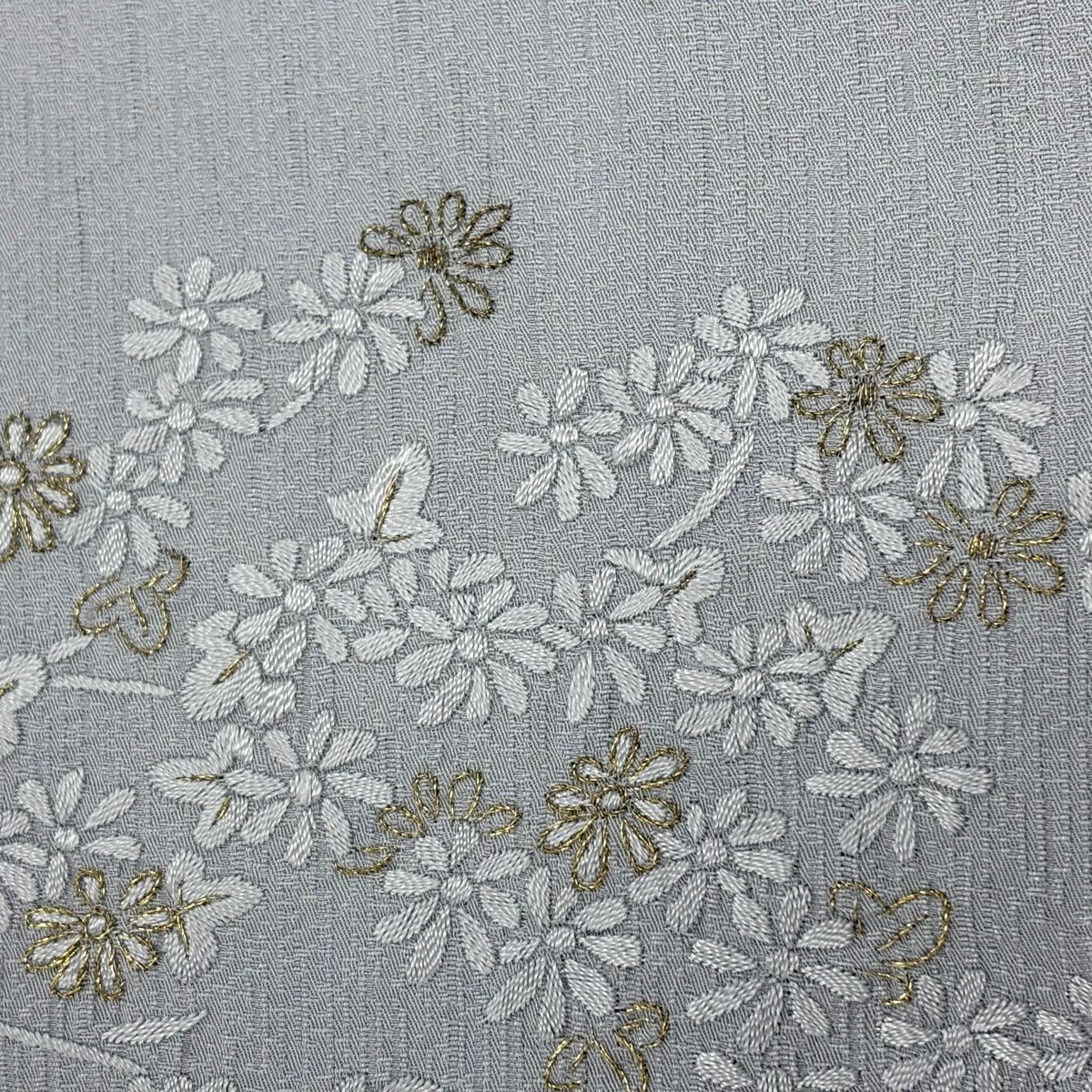 付下 身長161.5cm 袖長66cm M 雙層 枝花 流水 刺繡 金糸 青灰 純蠶絲 名品級