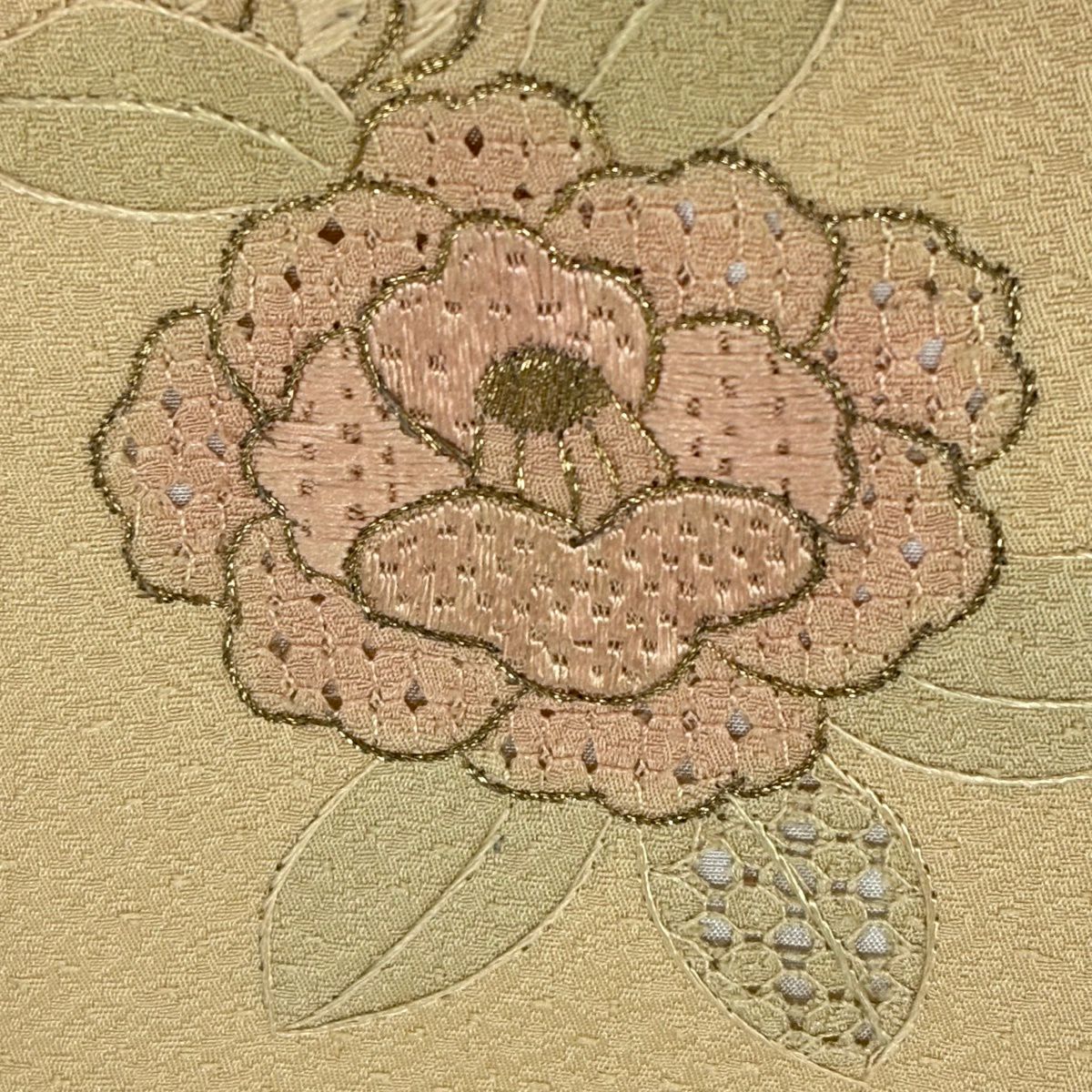 【美品】 付下 身長158cm 袖長63cm S 雙層 卷物 草花紋紋 金糸刺繡 淺茶 純蠶絲 優品級