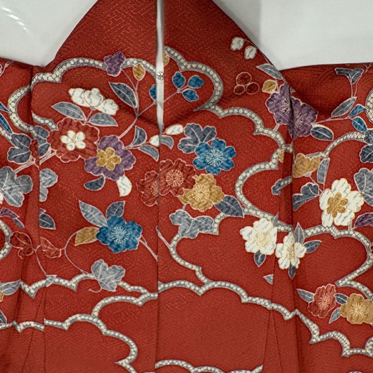 【美品】訪問服 身長157.5cm 袖長64.5cm M 雙層 草花紋紋 雲文 金彩裝飾 染分 茜 純蠶絲 秀品級