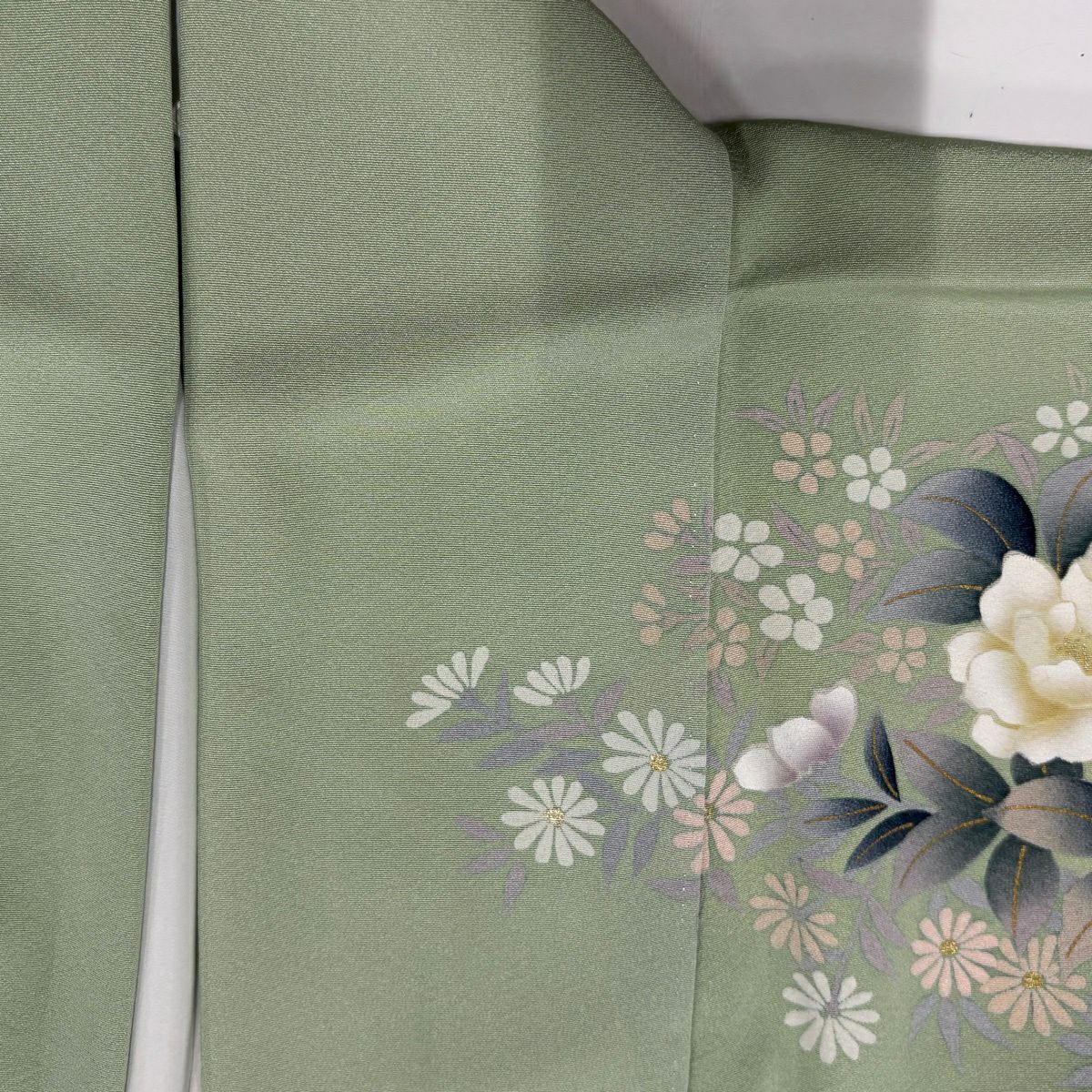 訪問服 身長157.5cm 袖長67cm M 雙層 牡丹 菊花 金銀彩 漸層 淺綠 純蠶絲 優品級