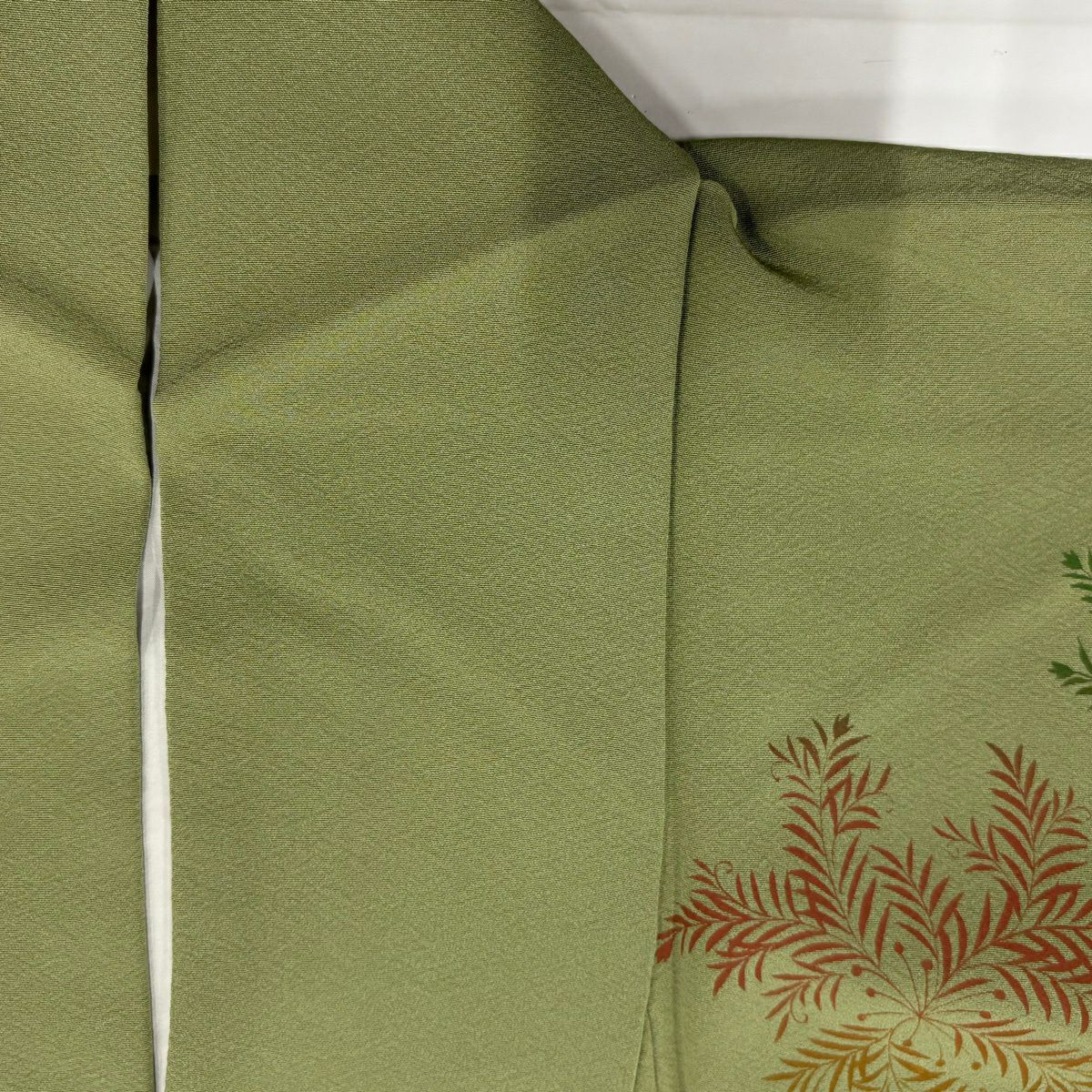 【美品】訪問服 身長154.5cm 袖長65cm M 雙層 草花紋紋 よもぎ色 純蠶絲 秀品級 一つ紋