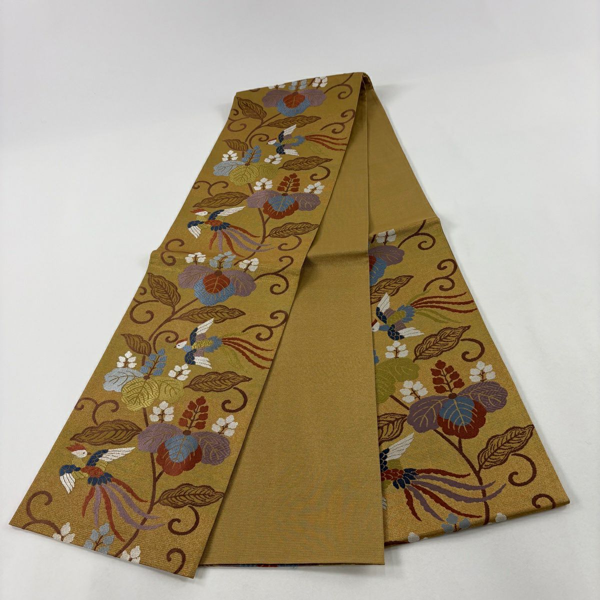 【美品】 袋帶 秀品級 鳥 桐 金絲 金金箔 山吹茶 六通 純蠶絲