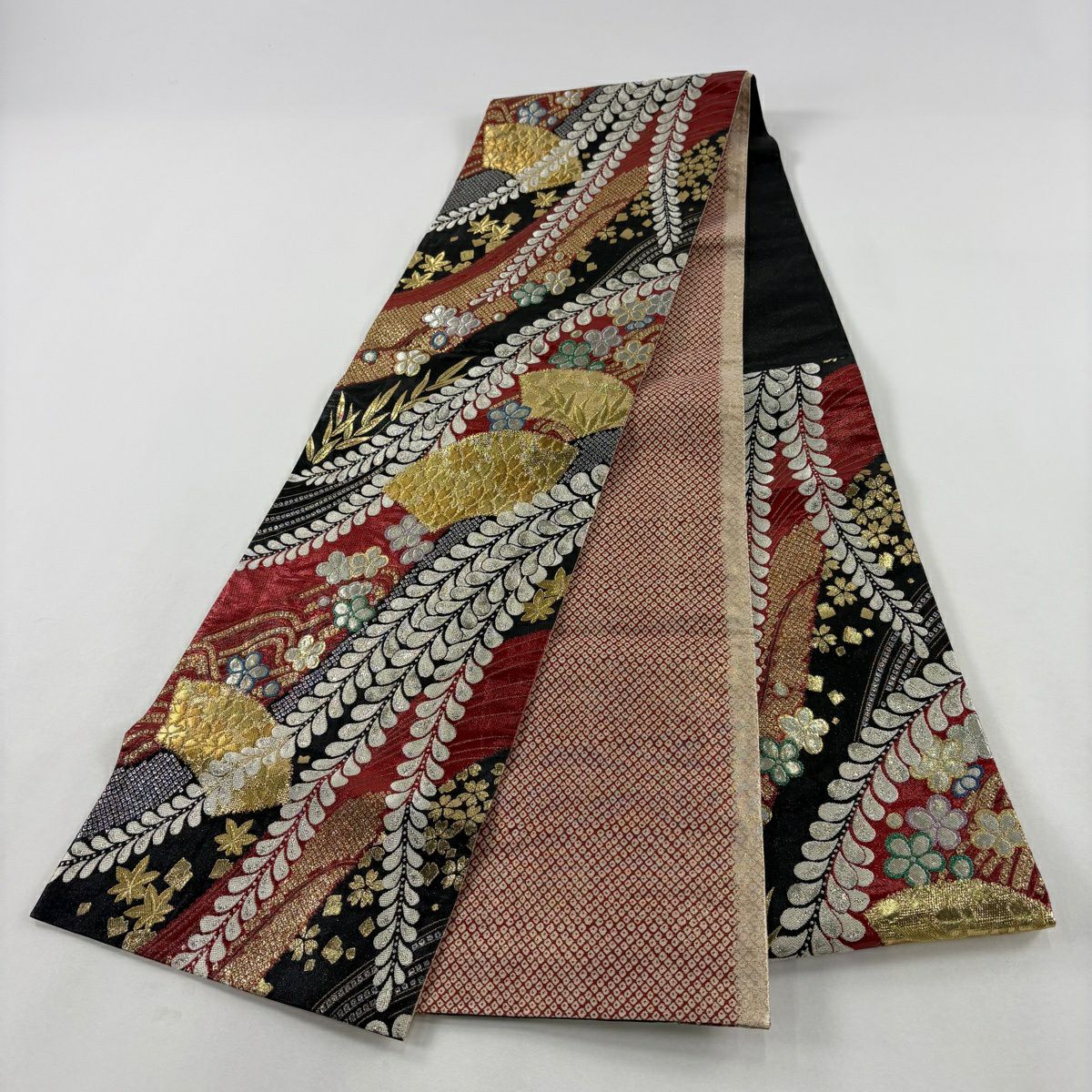 【美品】 袋帶 秀品級 振袖禮服禮服用 扇子面 藤 金銀彩 金金箔 紅 六通 純蠶絲