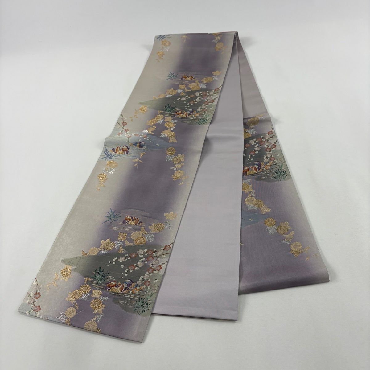 袋帶 秀品級 鴛鴦 梅花 金銀彩 金金箔 淺紫 六通 純蠶絲