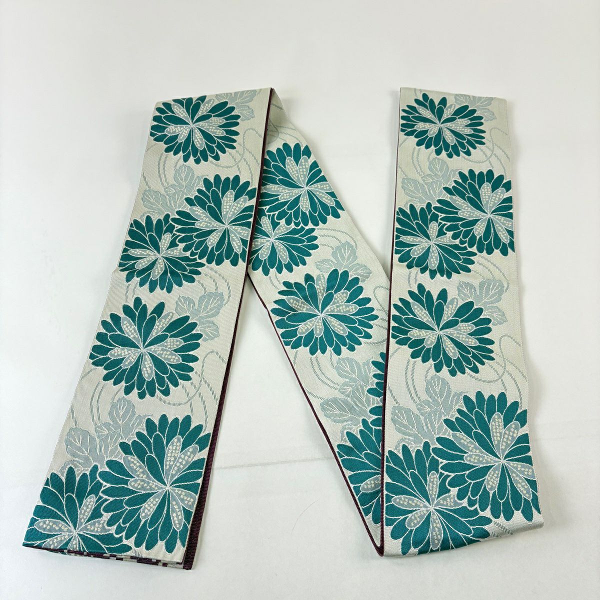 【美品】半幅帶 優品級 菊花 縞 青綠 化纖