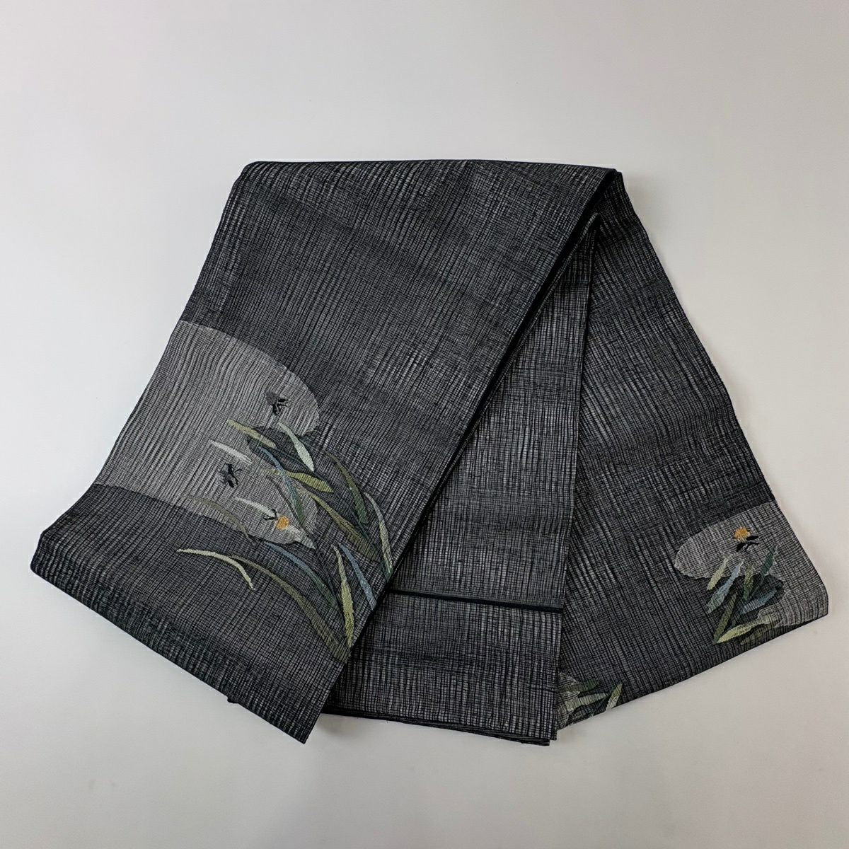 袋帶 名品級 夏帶 葉紋 螢光 銀線 墨 黑色 お太鼓紋 純蠶絲