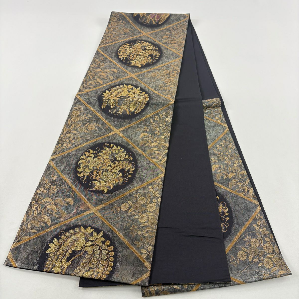 【美品】 袋帶 名品級 帝王紫 附款 草花紋 圓文 金絲 金金箔 黑 六通 純蠶絲