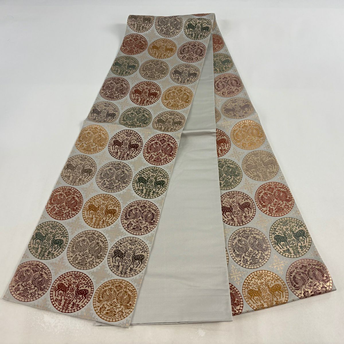【美品】 袋帶 名品級 動物 鳳凰 金金箔 灰色 全通 純蠶絲
