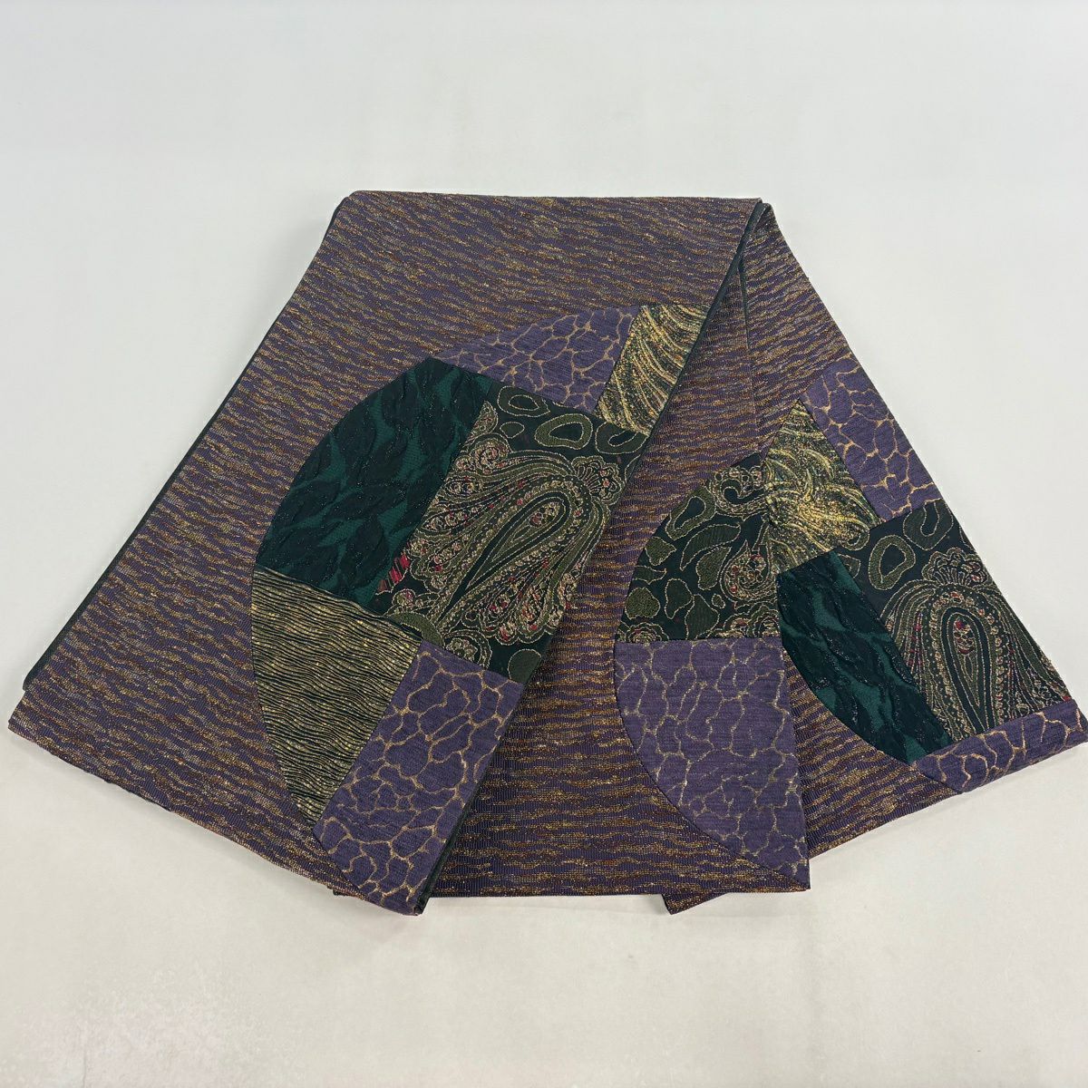 【美品】 袋帶 名品級 葉 幾何學 金絲 金金箔 紫色 大鼓圖案 純蠶絲