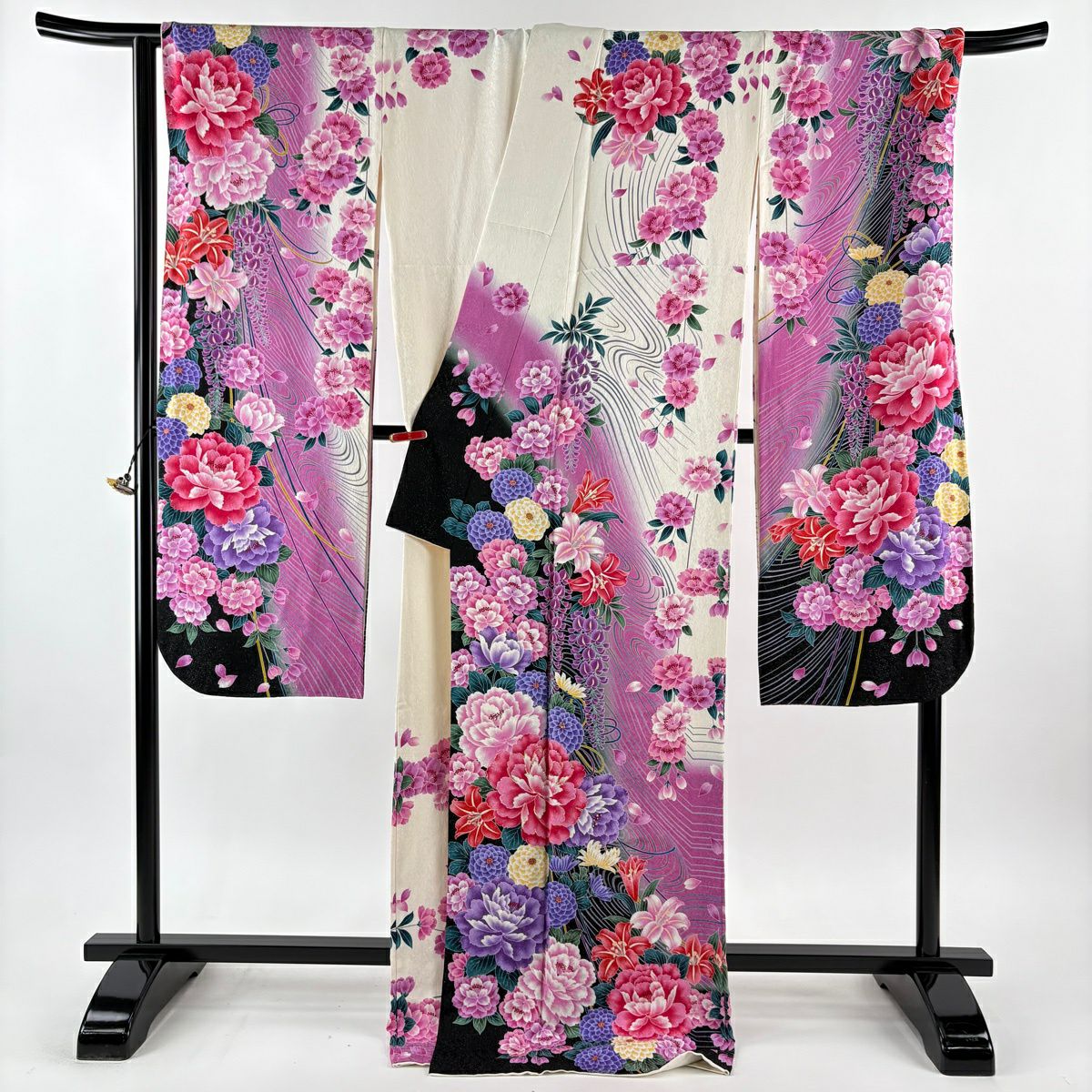 【美品】振袖禮服 身長175cm 袖長72cm L 雙層 牡丹 菊花 金銀彩 水晶 乳白色 純蠶絲 逸品級