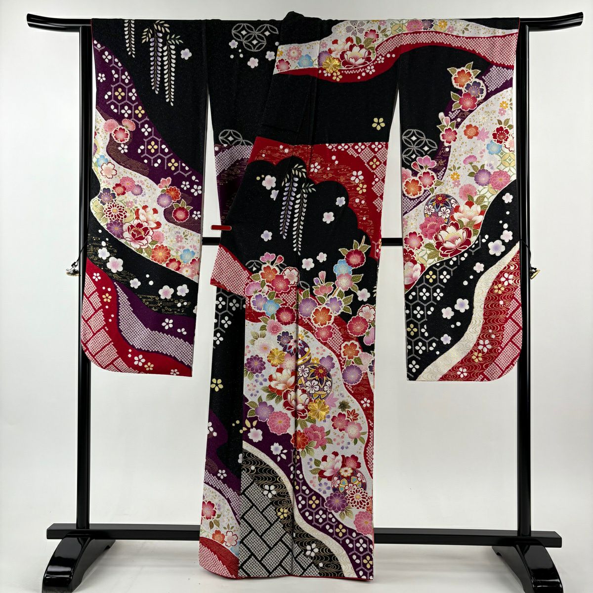 振袖禮服 身長162cm 袖長68cm L 雙層 手鞠 草花紋紋 銀通 金銀彩 黑 純蠶絲 逸品級