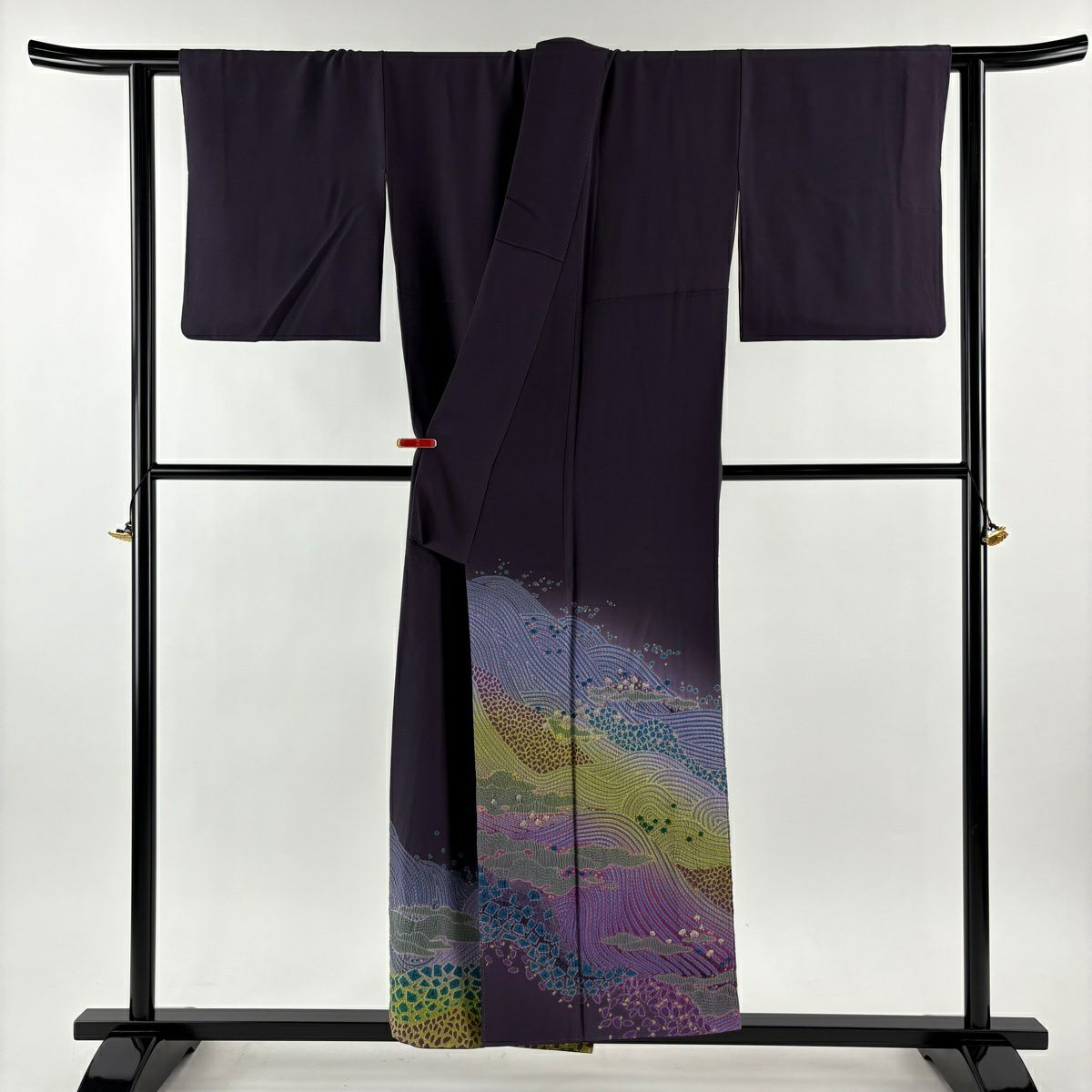 色留袖禮服 身長153cm 袖長65cm M 雙層 滝泰 落款あり 波 花瓣 刺繡 絞染 深紫 純蠶絲 逸品級 一つ紋