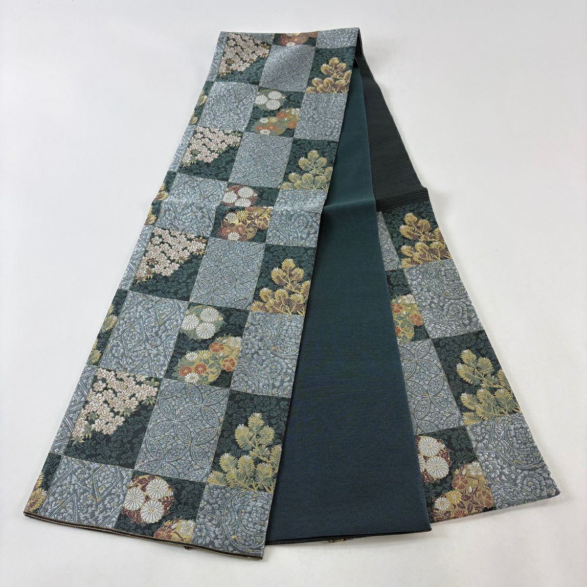 【美品】 袋帶 名品級 草花紋紋 市松樹 金銀彩 金金箔 灰綠 六通 純蠶絲