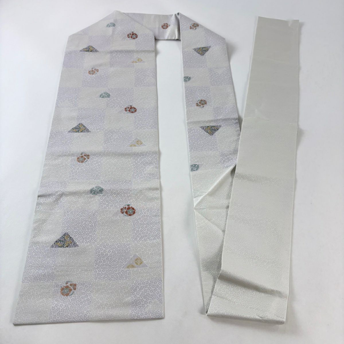 【美品】名古屋帶 名品級 小花散布 梅花 市松樹 灰綠 純蠶絲
