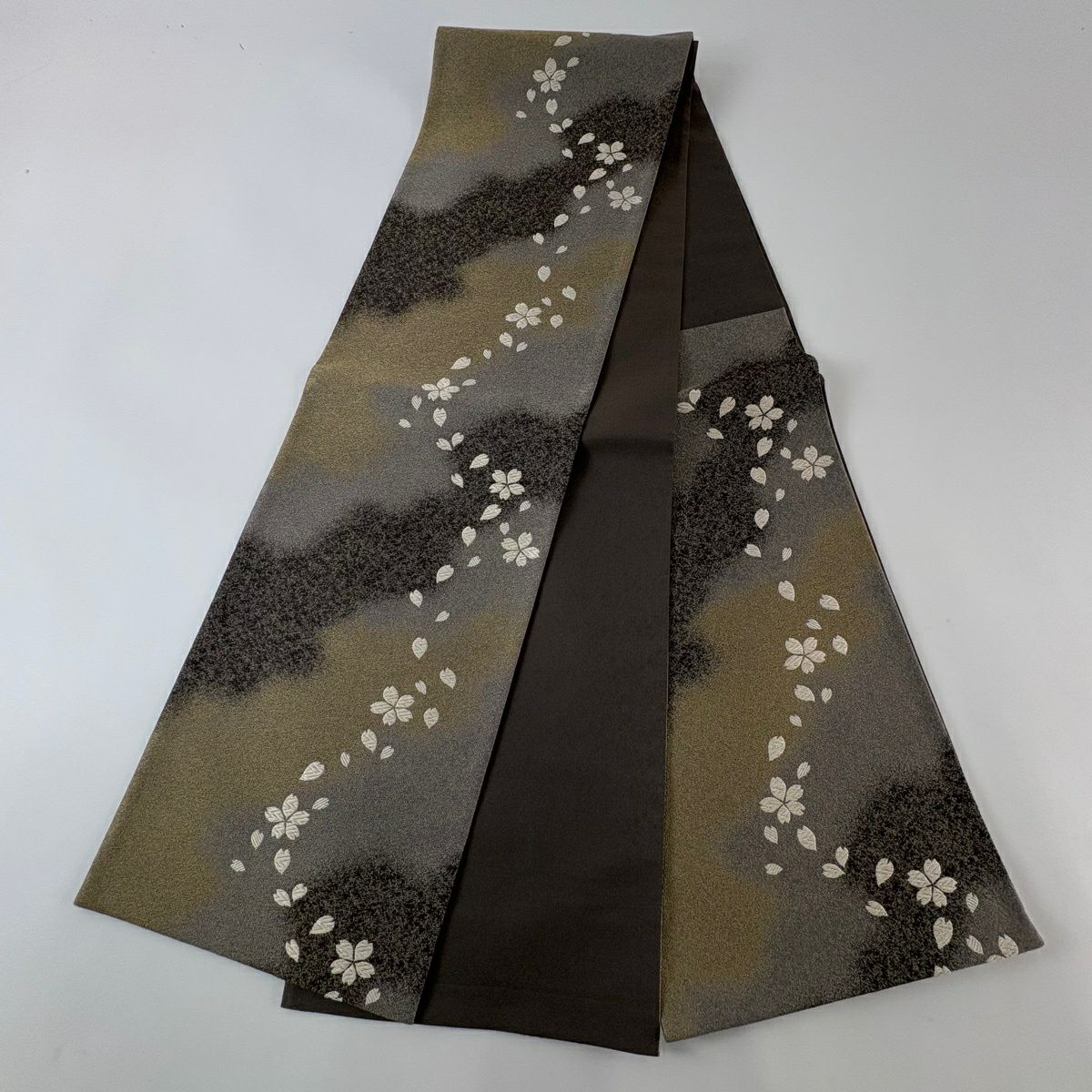 【美品】 袋帶 名品級 樱花 樱花花瓣 金絲 焦茶 六通 純蠶絲