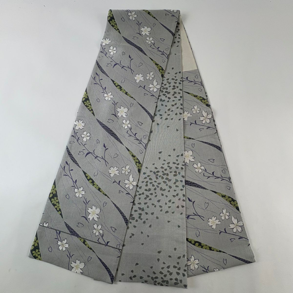 【美品】 袋帶 名品級 樱花花瓣 金銀絲 灰色 六通 純蠶絲