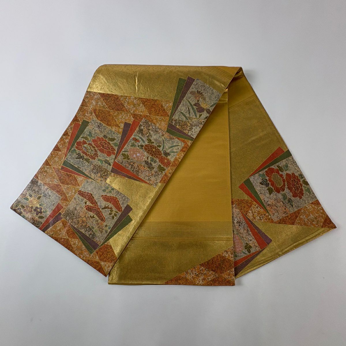 袋帶 名品級 色紙 草花紋 螺鈿金金箔 金色 大鼓圖案 純蠶絲