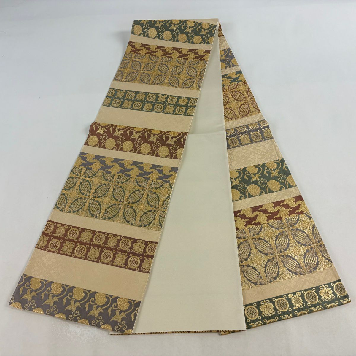 【美品】 袋帶 名品級 名物裂全通圖案 花鳥 七寶 金金箔 米色 全通 純蠶絲