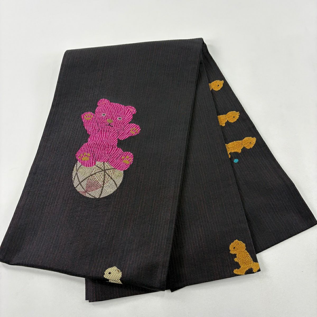 【美品】 袋帶 名品級 夏帶 熊 筋斗雲 刺繡 黑 お太鼓圖案 純蠶絲