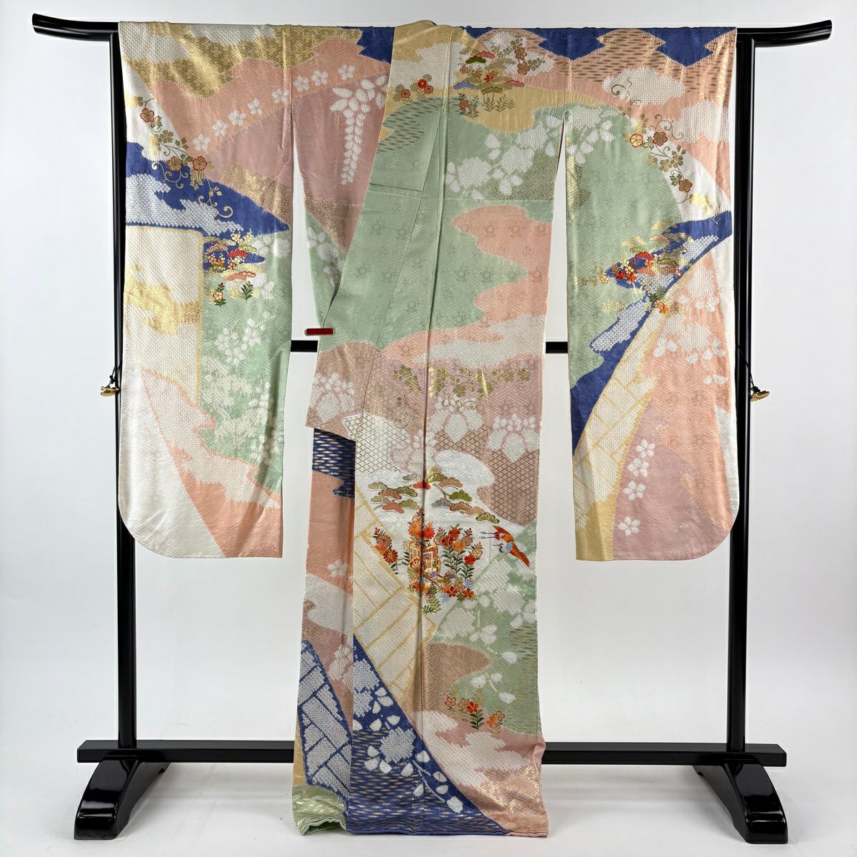 振袖禮服 身長170.5cm 袖長68.5cm L 雙層 誰が袖好み 落款あり 御所車 花鳥 刺繡 絞染 奶油色 純蠶絲 逸品級