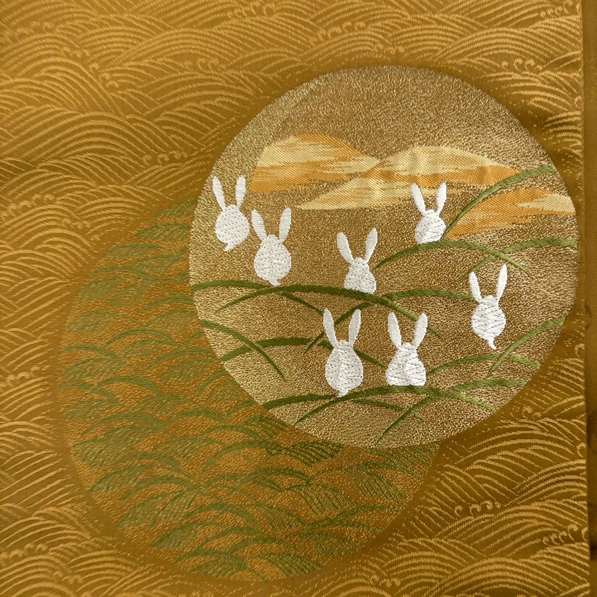 【美品】 付下 身長168cm 袖長68.5cm L 雙層 袋帶名古屋帶套裝 葉紋 幾何圖案 漸層 黃土色 純蠶絲 優品級 一個紋