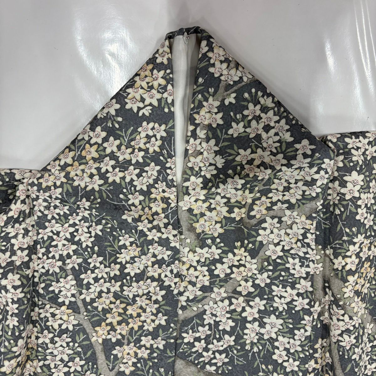 【美品】 小紋 身長162cm 袖長63.5cm S 雙層 枝花 灰綠 純蠶絲 秀品級