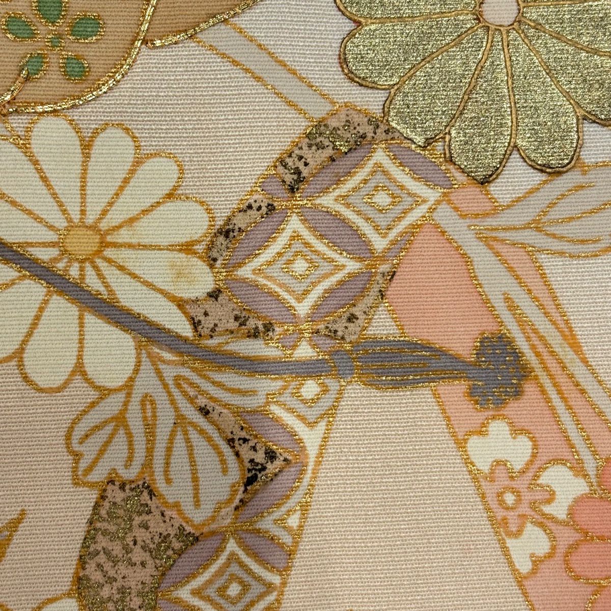訪問服 身長164cm 袖長68cm L 雙層 和樂器 菊花 金絲 金銀彩 粉紅 純蠶絲 優品級