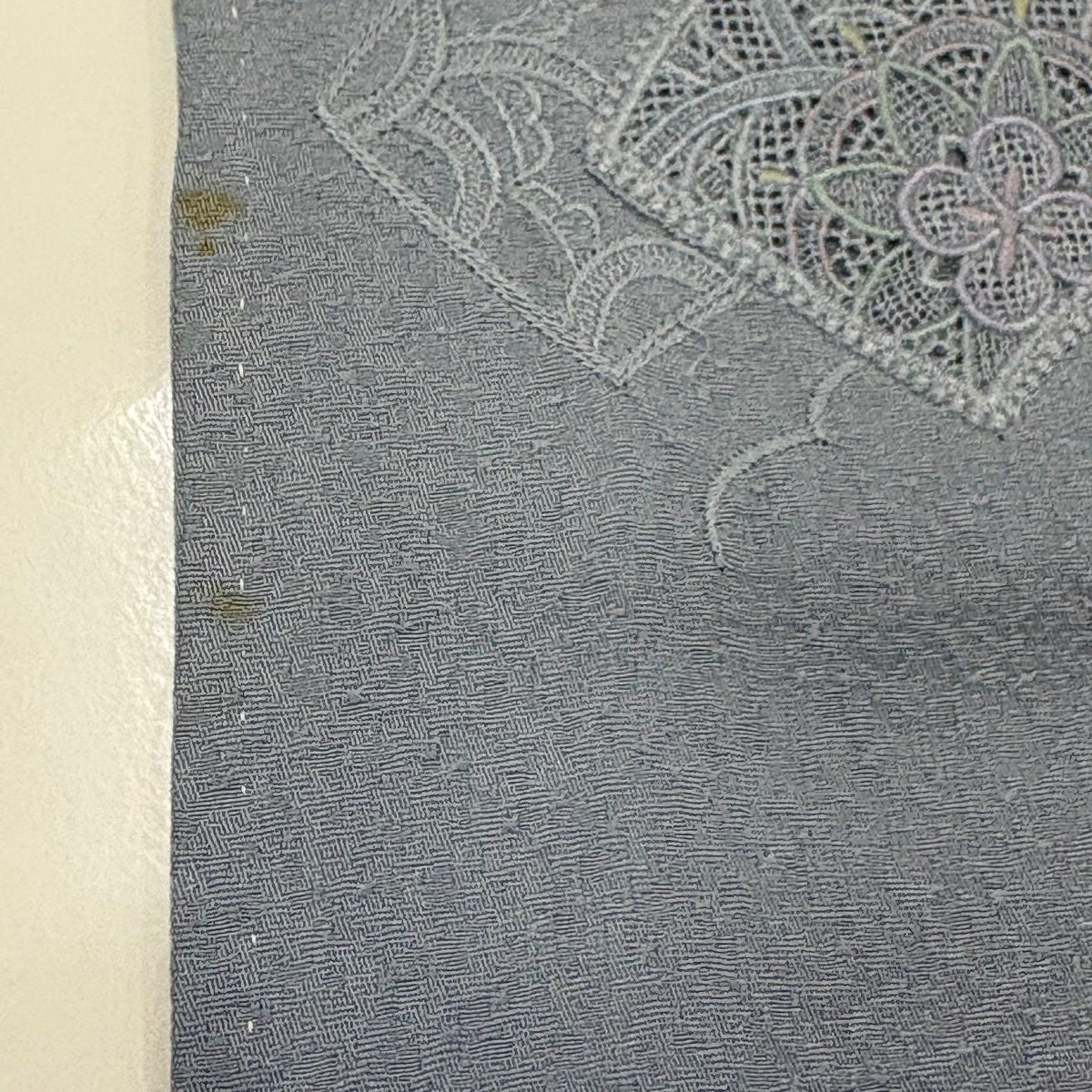 付下 身長157cm 袖長63.5cm S 雙層 扇子面 草花紋紋 刺繡 漸層 青灰 純蠶絲 秀品級 一個紋