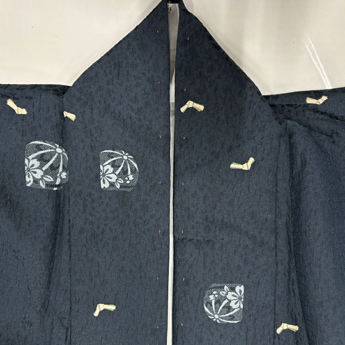 【美品】 小紋 身長155cm 袖長68.5cm L 雙層 鞠 結織文 深藍 化纖 秀品級