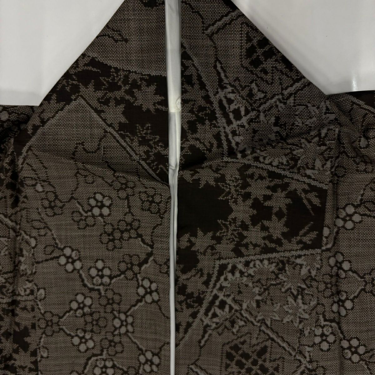 【美品】 紬織織 身長153.5cm 袖長63.5cm S 雙層 扇子面 枝梅花 焦茶 純蠶絲 秀品級