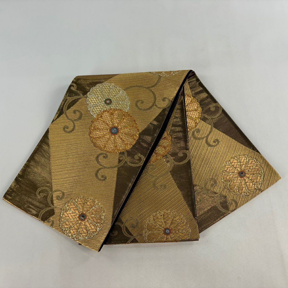 袋帶 秀品級 本金金箔螺鈿 菊花唐草紋 金絲 金箔 金色 六通 純蠶絲