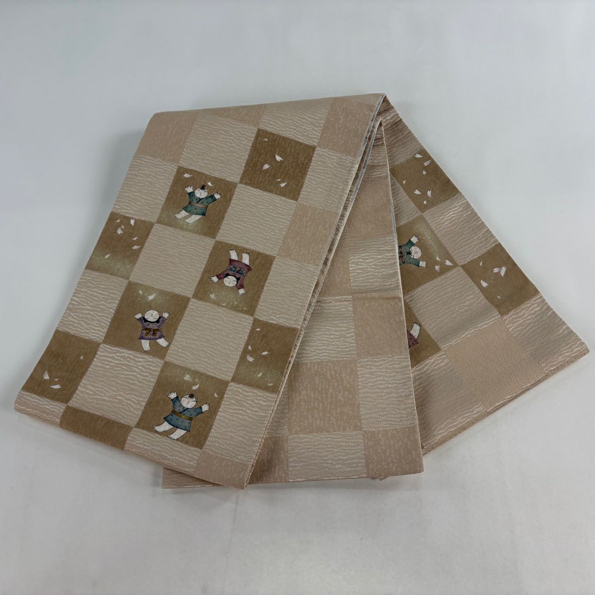 【美品】 袋帶 秀品級 童 市松樹圖案 銀通 金銀彩 米色 大鼓圖案 純蠶絲