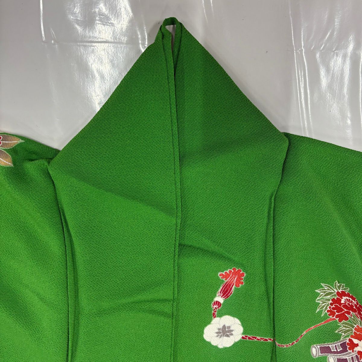 振袖禮服 身長160cm 袖長67cm M 雙層 花筏 草花紋紋 絞染 綠 純蠶絲 秀品級