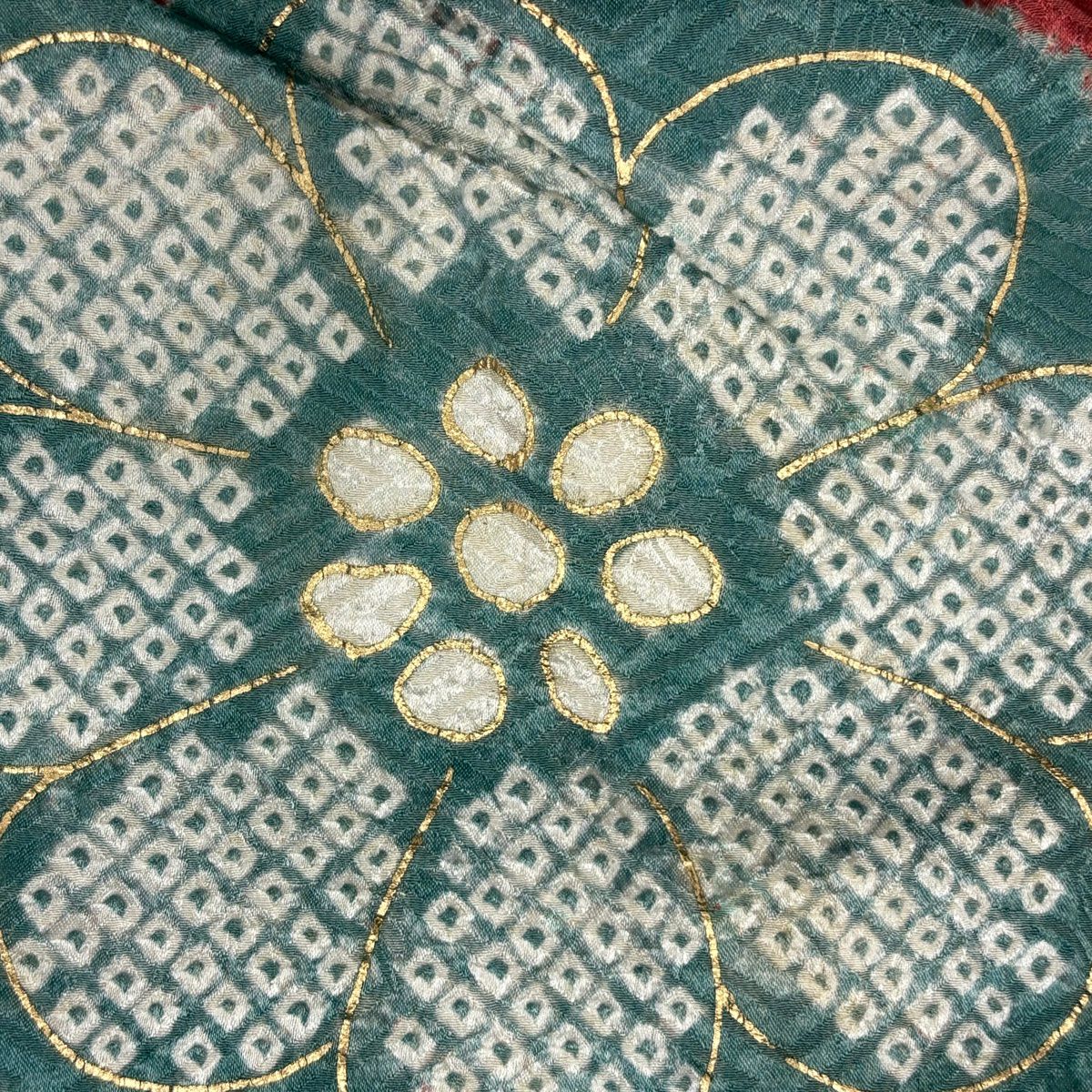 振袖禮服 身長159.5cm 袖長65.5cm M 雙層 菊花 梅花 刺繡 絞染 朱 純蠶絲 秀品級