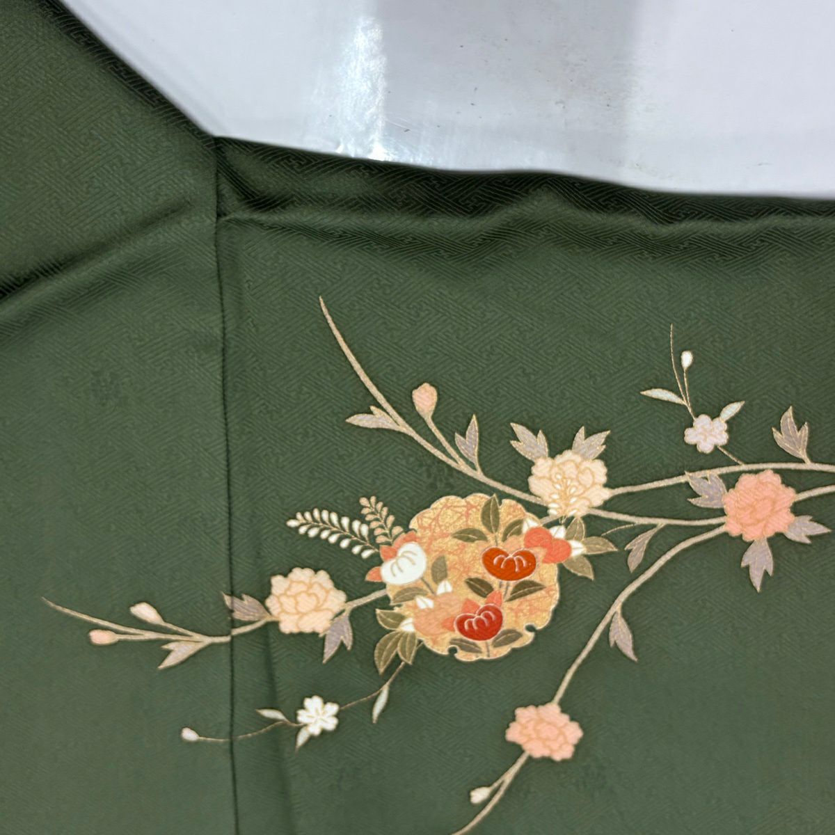 訪問服 身長156.5cm 袖長64cm M 雙層 雪輪 菊花 金銀彩 漸層 鶯綠 純蠶絲 秀品級