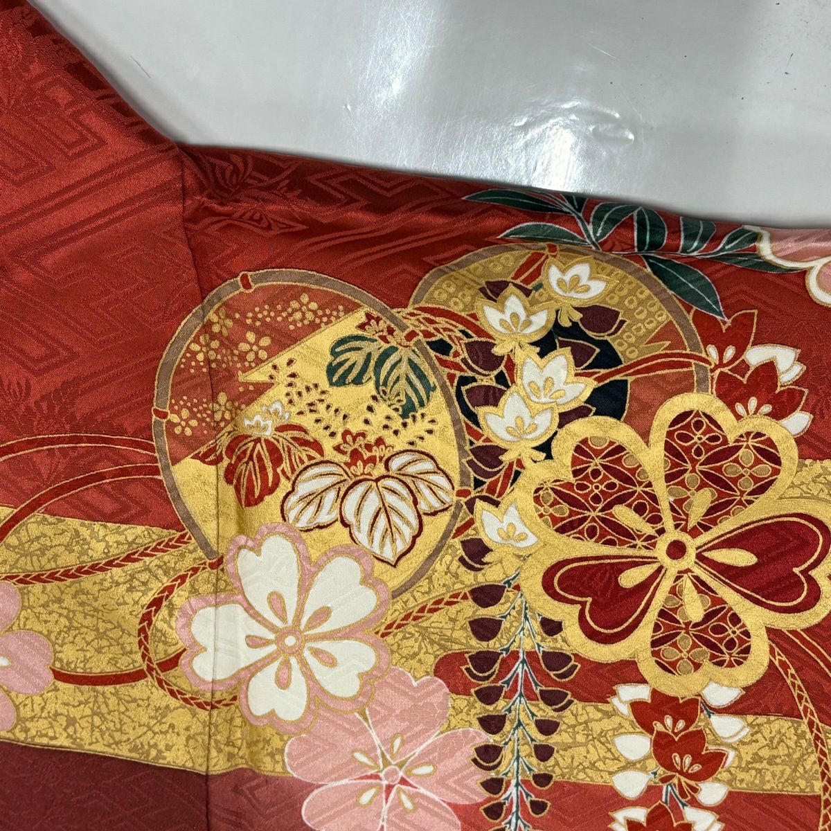 振袖禮服 身長159.5cm 袖長65cm M 雙層 櫻花 鼓 金絲 金銀彩 茜 純蠶絲 秀品級