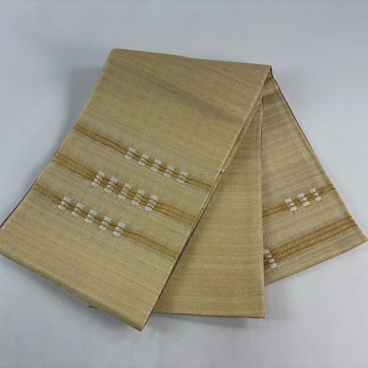 【美品】 袋帶 秀品級 條紋 幾何學 金絲 米色 大鼓圖案 純蠶絲