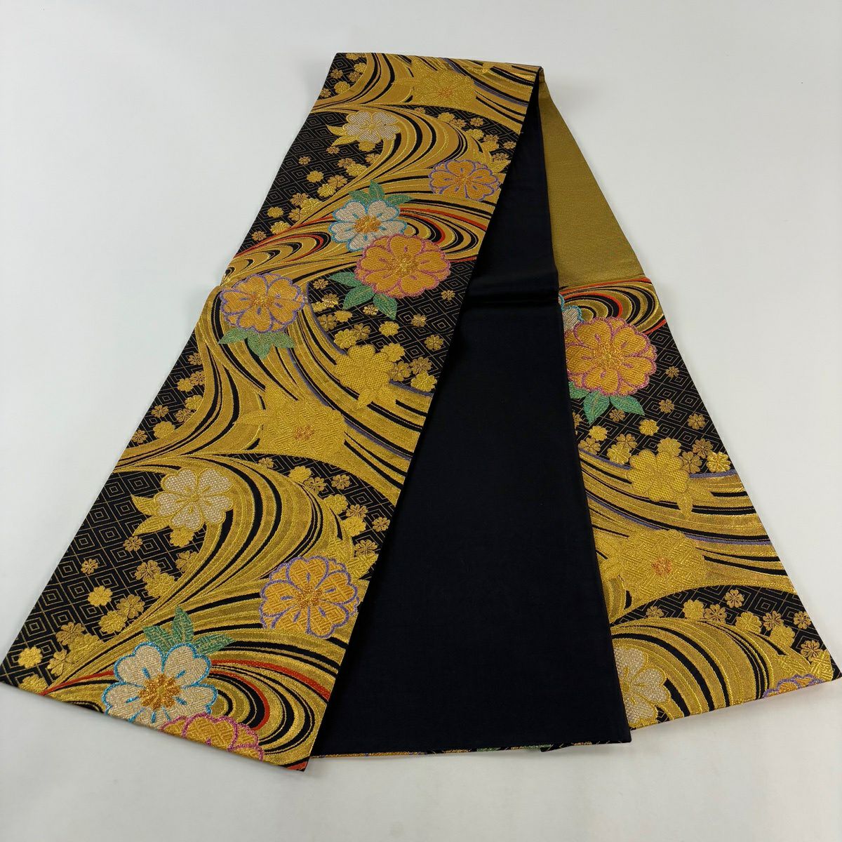 【美品】 袋帶 秀品級 櫻花 流水 金金箔 金絲 黑 六通 純蠶絲