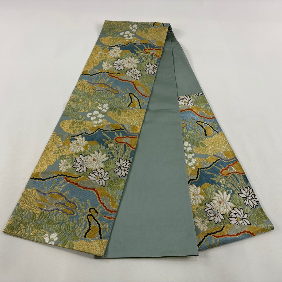 袋帶 秀品級 關西仕立 扇子面讃歌文 草花紋紋 雲文 刺繡 金銀彩 水色 六通 純蠶絲