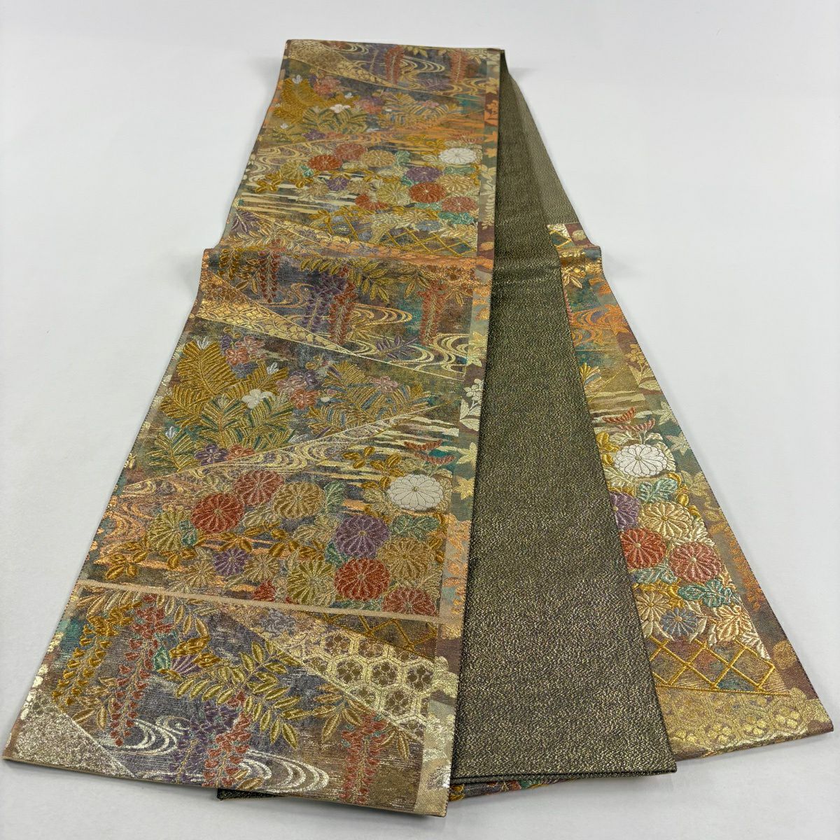 【美品】 袋帶 秀品級 菊花 松樹梅花 金銀線 金金箔 金色 六通 純蠶絲