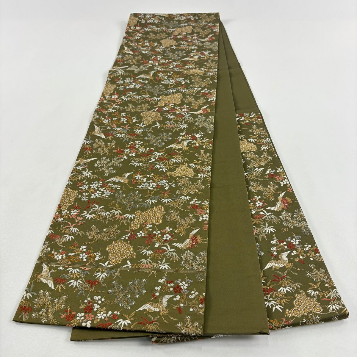 【美品】 袋帶 秀品級 松樹竹子梅花 仙鶴 金銀彩 金金箔 鶯 綠 六通 純蠶絲