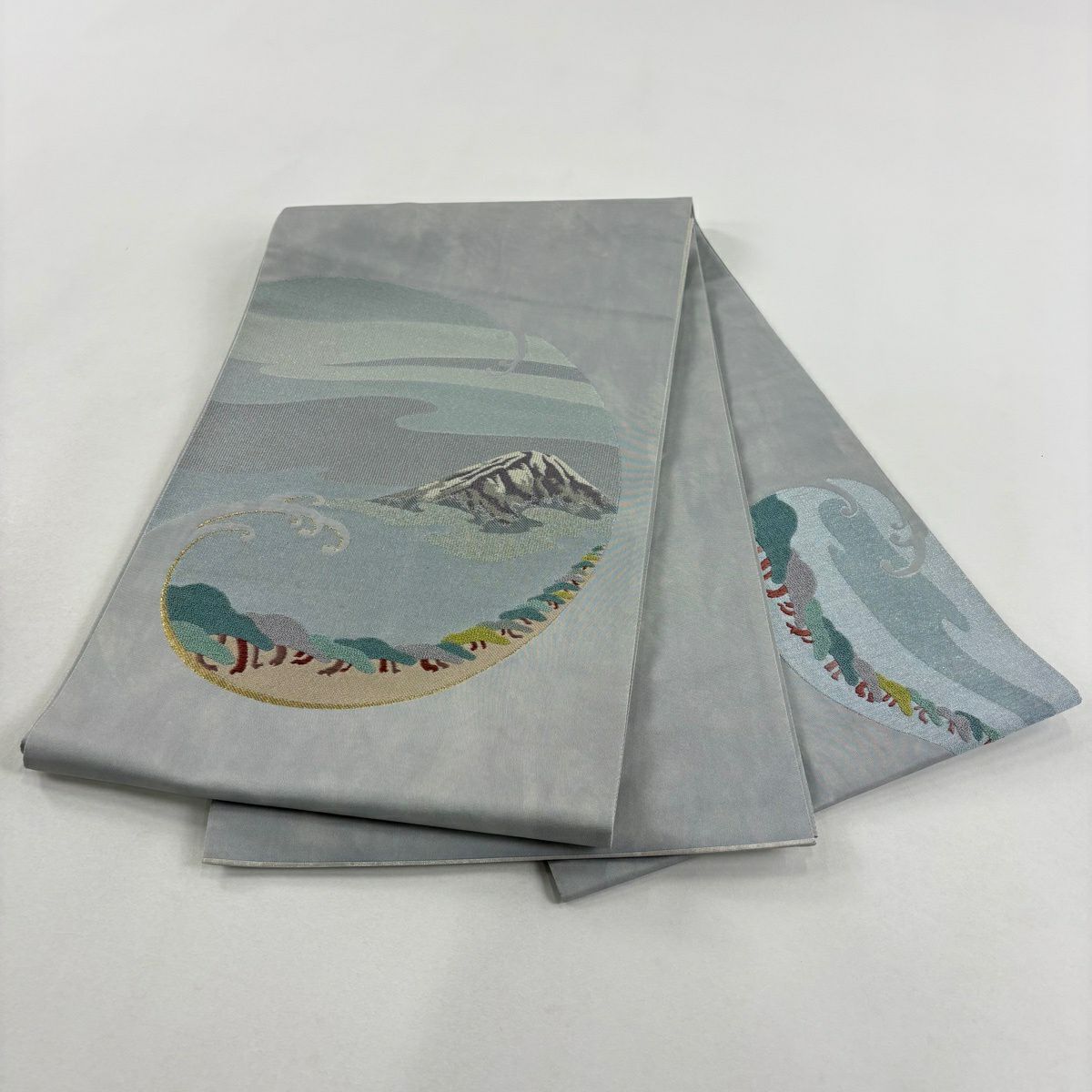 袋帶 秀品級 山 波頭 金銀彩 刺繡 青灰 純蠶絲