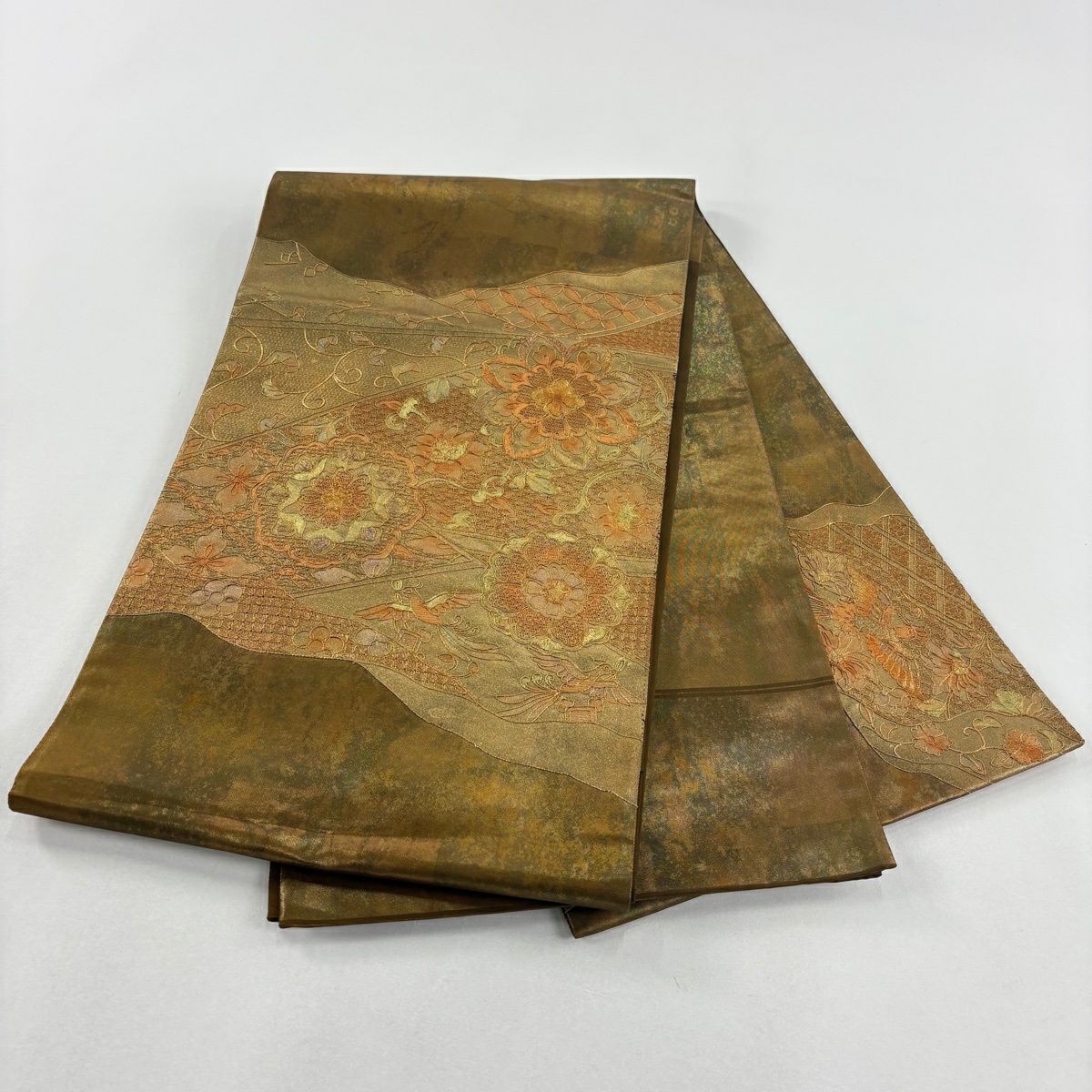 袋帶 秀品級 華紋 唐草紋 刺繡 金銀彩 金茶 お太鼓圖案 純蠶絲