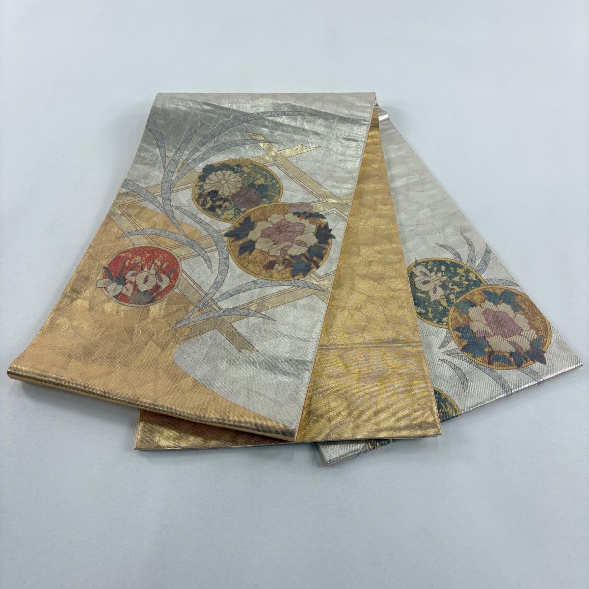 袋帶 秀品級 菊花花 牡丹 金金箔 金色 大鼓圖案 純蠶絲