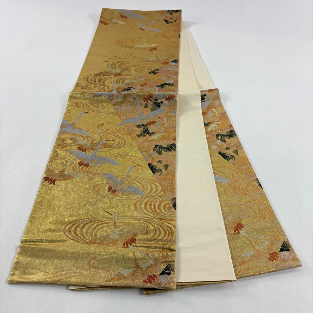 【美品】 袋帶 秀品級 鳥 流水 金絲 金金箔 金色 六通 純蠶絲