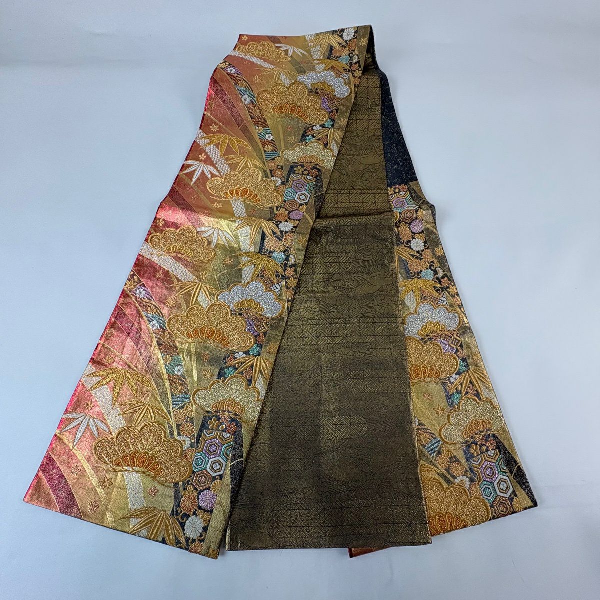 【美品】 袋帶 秀品級 松樹 竹子 金絲 金金箔 金色 六通 純蠶絲